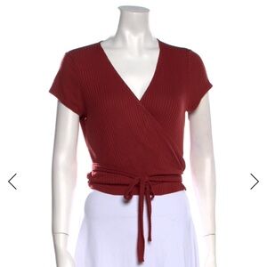 Reformation knit wrap short sleeve sweater in burnt orange, tie back